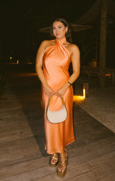 Jasmine Halter Midi Dress ~ Cantaloupe Luxe Satin