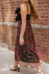 Amelie Bow Front One Shoulder Midi Dress - Red Plaid